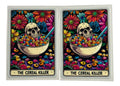 Two cards featuring a skull eating cereal with colorful flowers and text 'The Cereal Killer' on a white background.