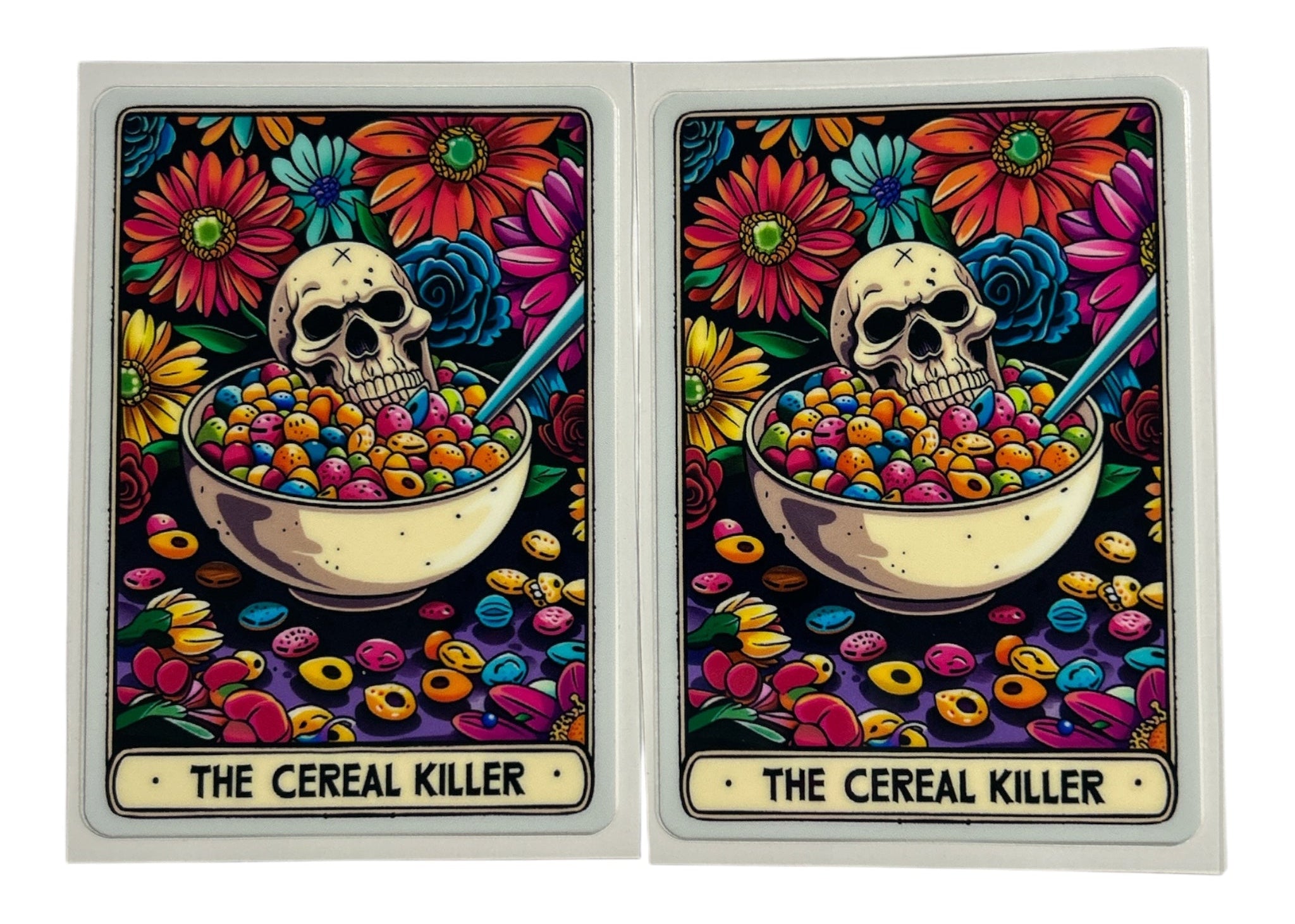 Two cards featuring a skull eating cereal with colorful flowers and text 'The Cereal Killer' on a white background.