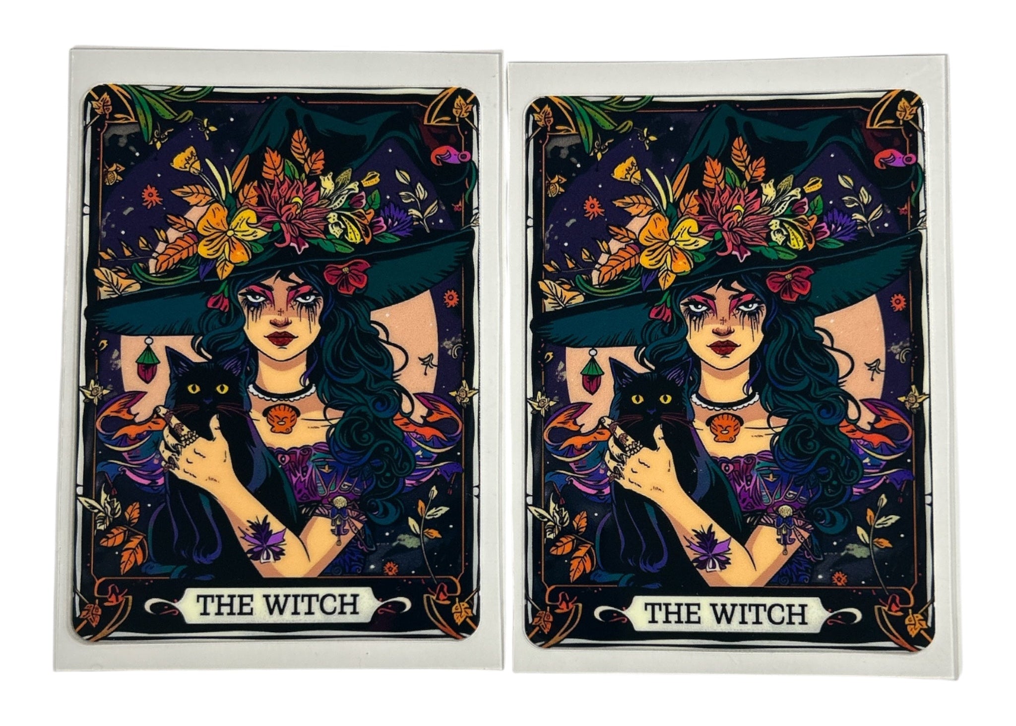Two tarot card decals featuring 'The Witch' card design with a stylized illustration of a woman with dark hair and a colorful headpiece.