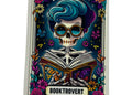 Colorful decal with a skeleton reading an open book, surrounded by flowers and decorative elements, with 'Booktrovert' branding.