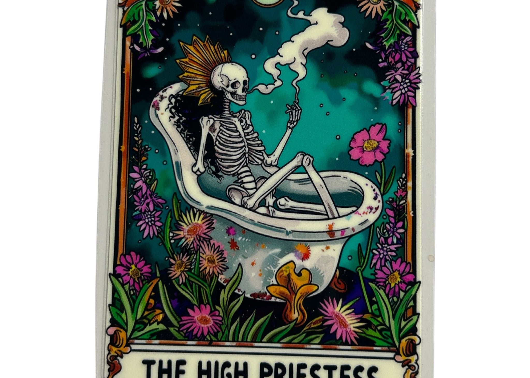 Decal titled 'The High Priestess' featuring a skeleton on a toilet with floral and decorative elements.