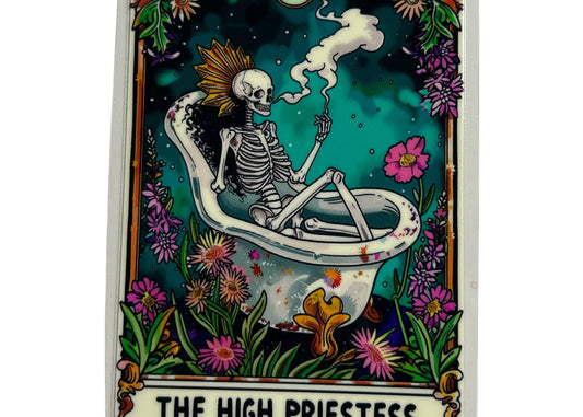 Decal titled 'The High Priestess' featuring a skeleton on a toilet with floral and decorative elements.