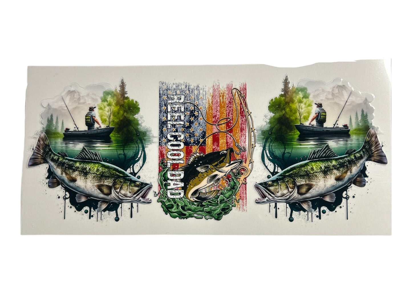 Cup wrap with illustrations of fish and a person on a boat, featuring an American flag design and text 'Reel Cool Dad'