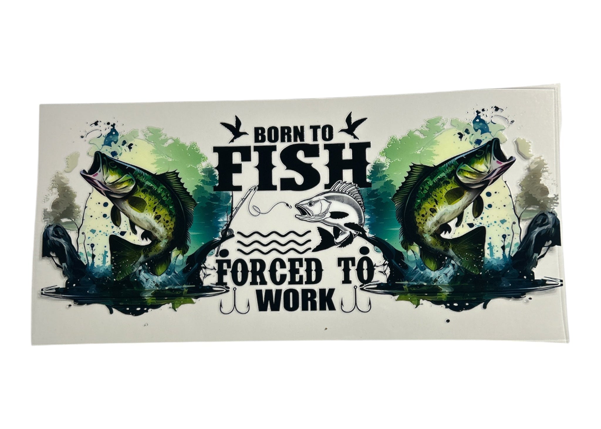 Fishing-themed cup wrap sticker with fish graphics and text on a white background