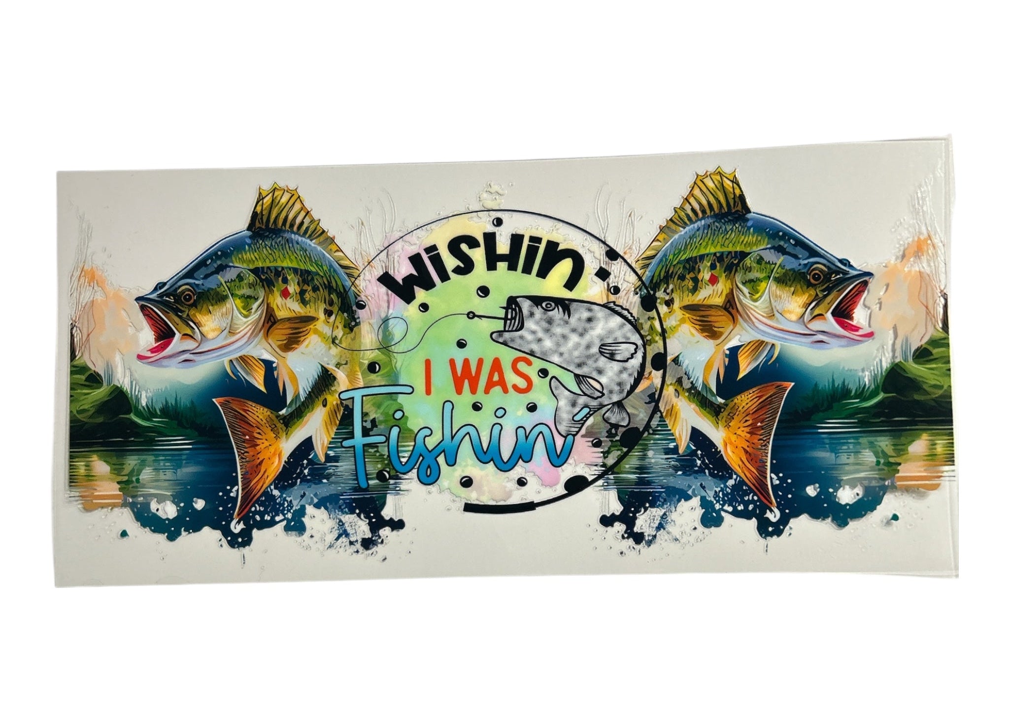 Fishing-themed graphic with two fish and 'Wishin I Was Fishing' text on a white background