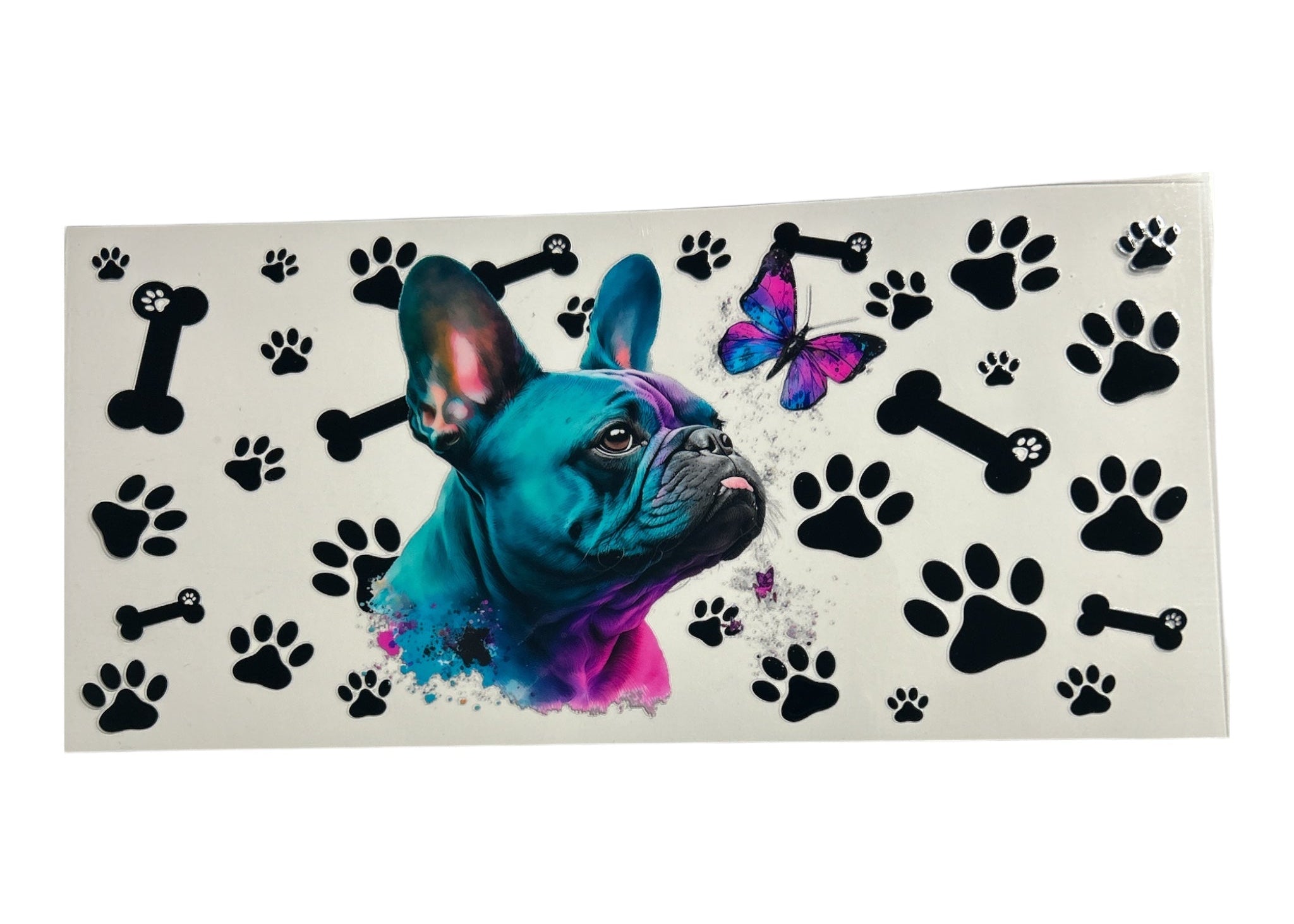 Cup wrap with a dog design, butterfly, and paw prints on a white background