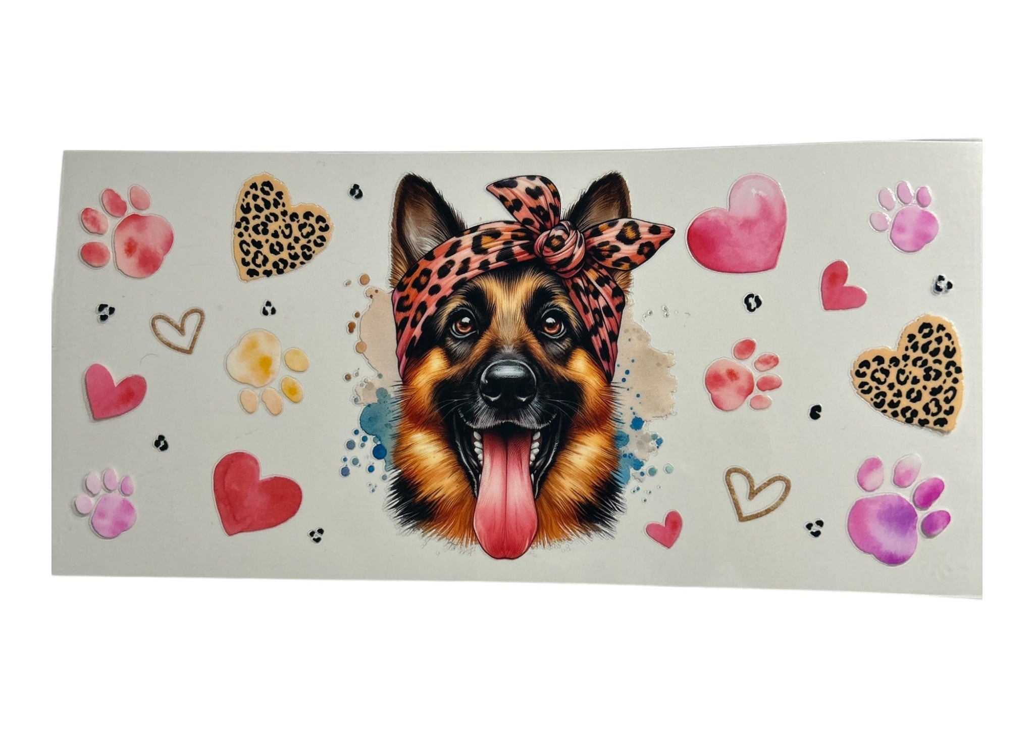 Dog with leopard print bandana surrounded by paw prints and hearts on a light background