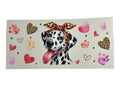 Sticker sheet with a Dalmatian dog wearing a leopard print bow, surrounded by hearts and paw prints on a light gray background.