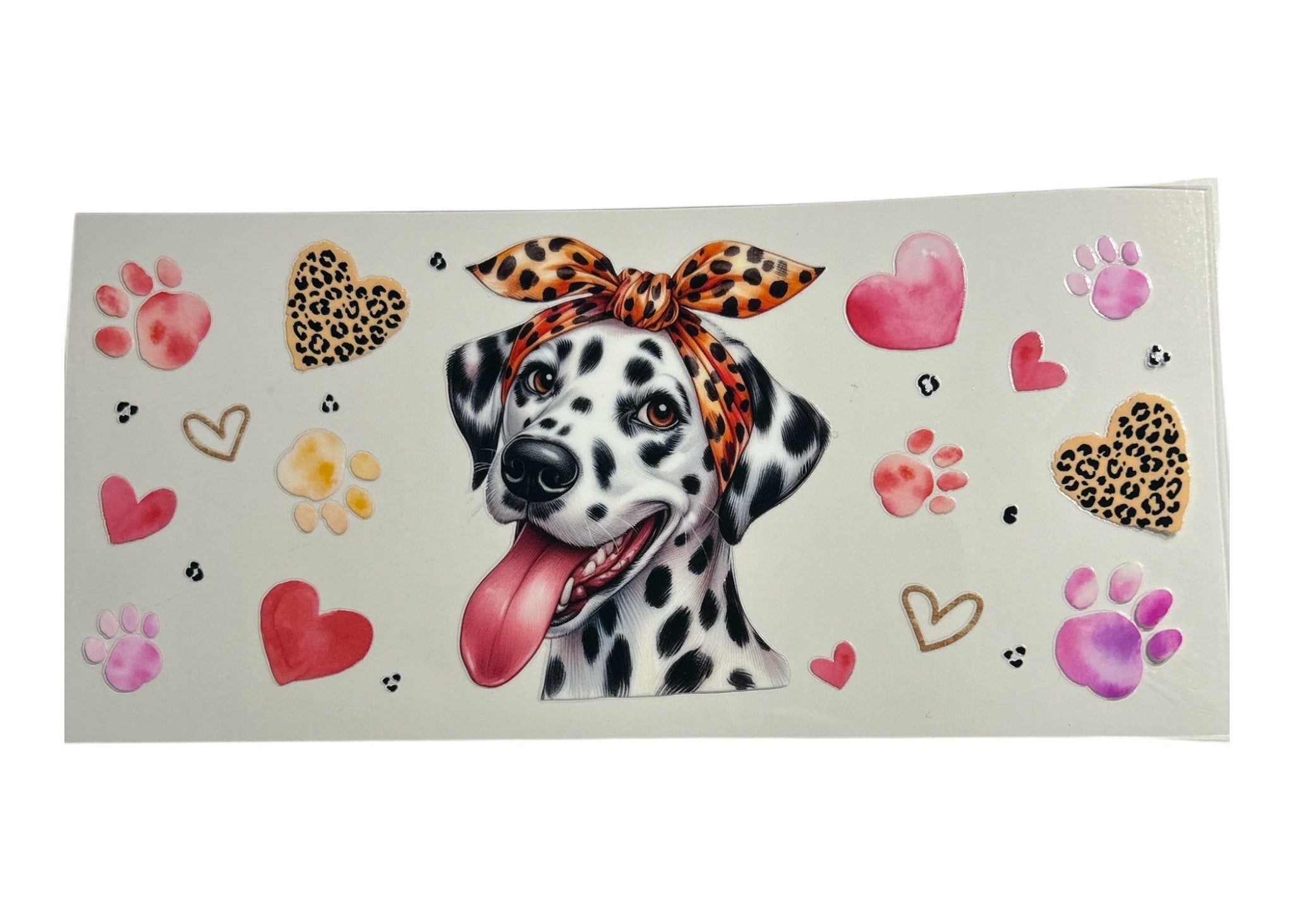 Sticker sheet with a Dalmatian dog wearing a leopard print bow, surrounded by hearts and paw prints on a light gray background.