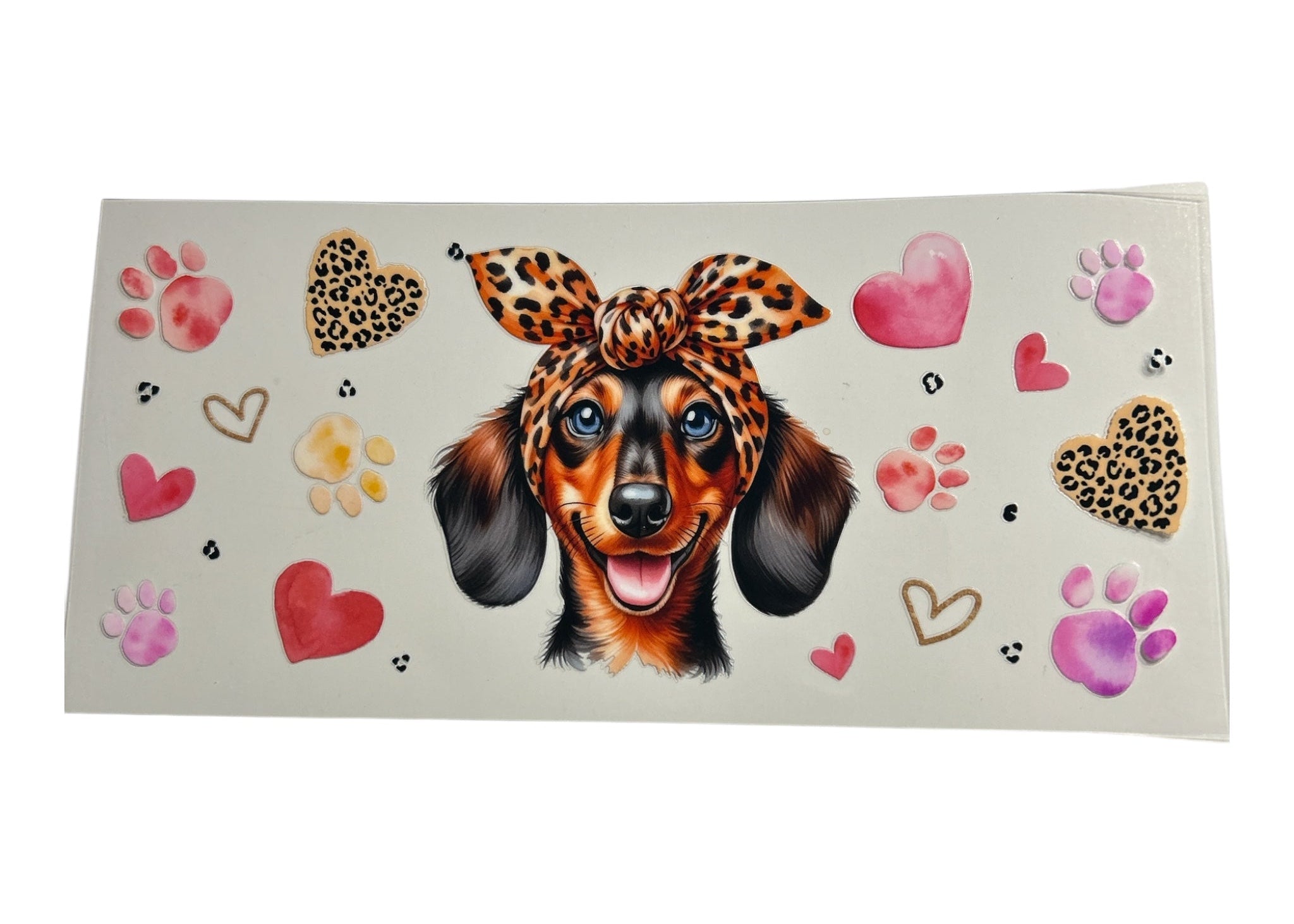 Dog with leopard print bandana surrounded by paw prints and hearts on a light background