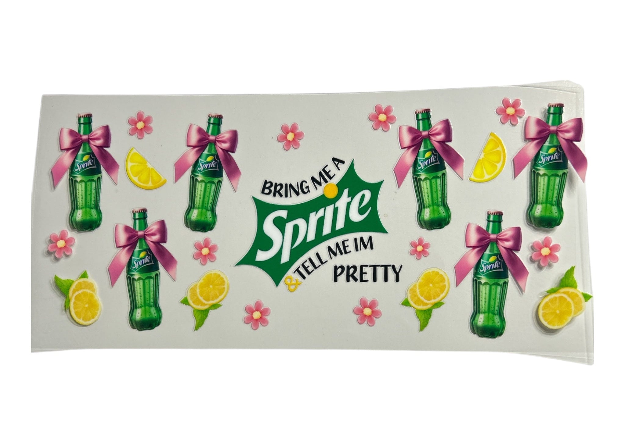 Sprite-themed decorative cup wrap with bottles, lemons, and flowers on a white background