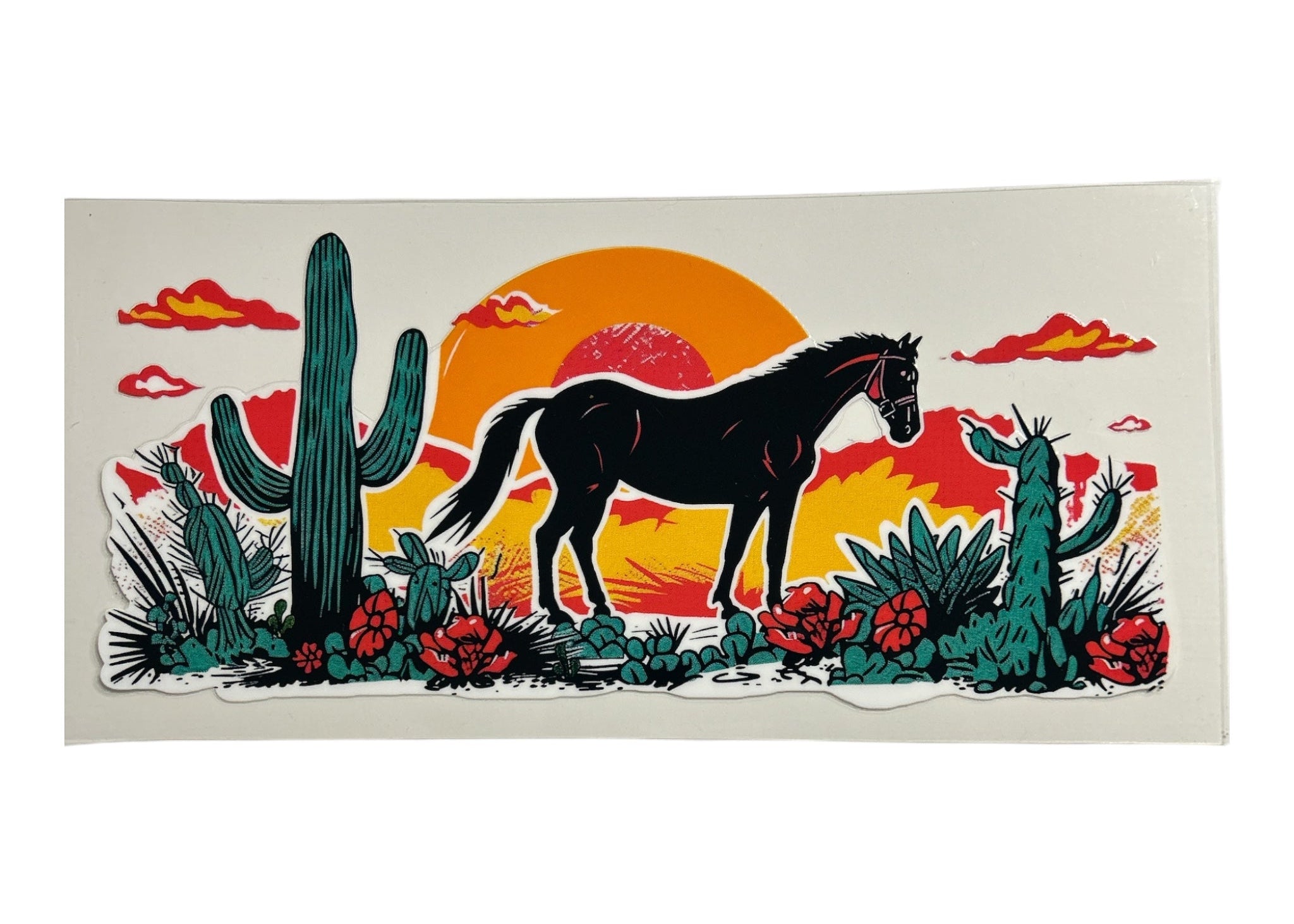 Sticker of a horse in a desert landscape with cacti and flowers, set against a sunset sky.