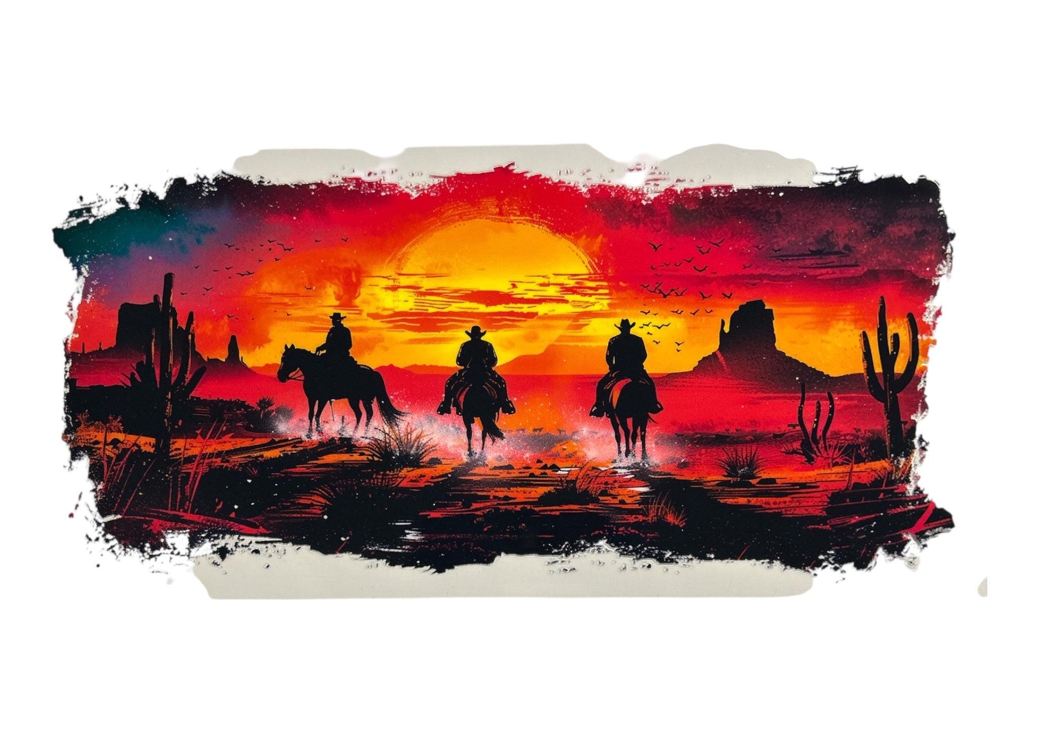 Surreal landscape with three figures on horseback against a vibrant sunset.