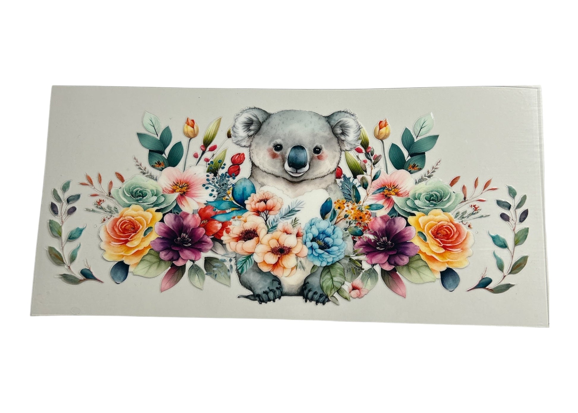 Sticker with a koala surrounded by colorful flowers on a white background
