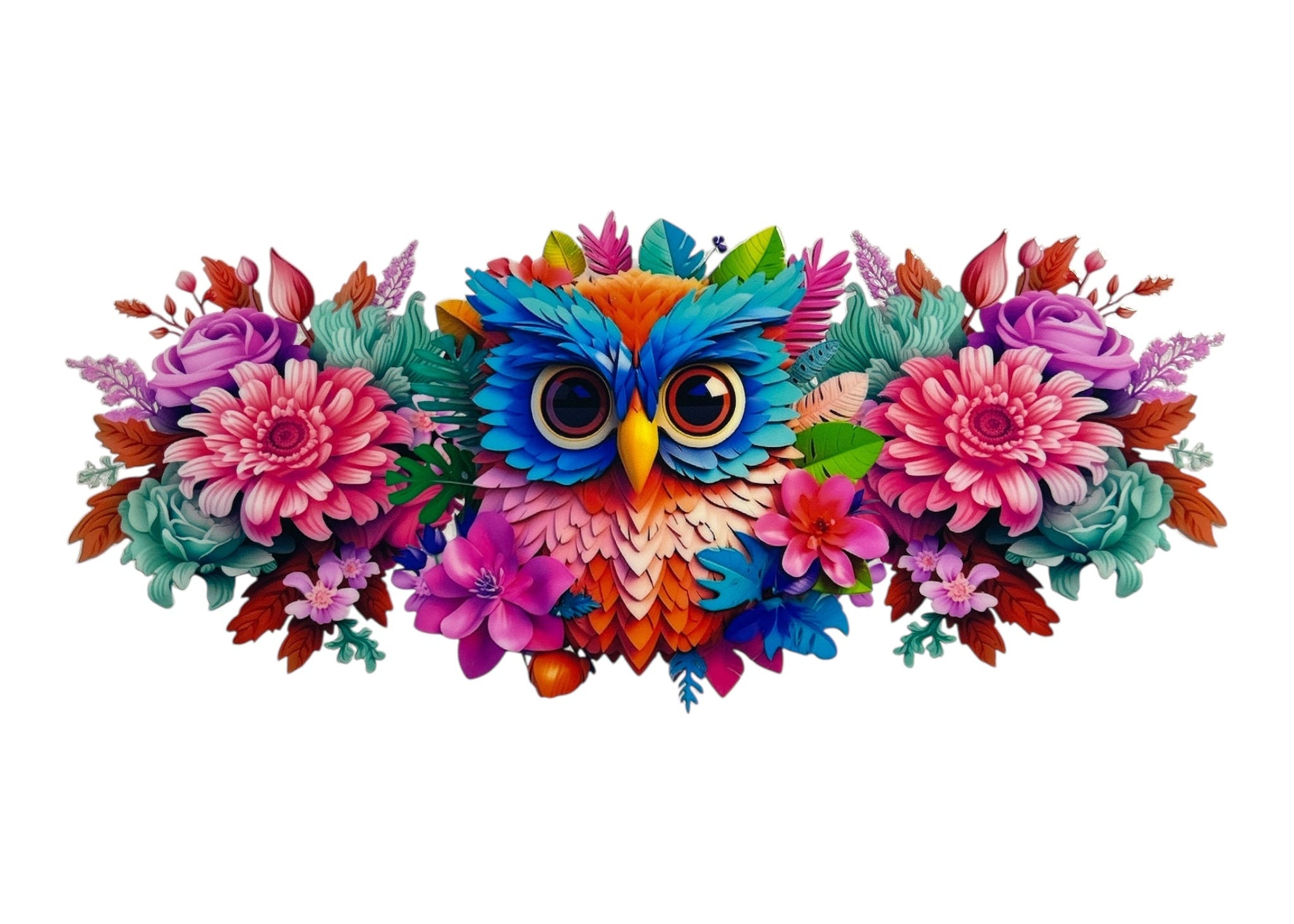Colorful owl surrounded by flowers on a clear background