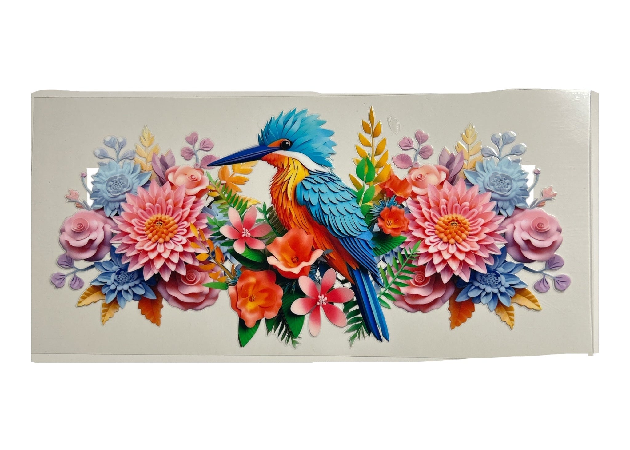 Colorful bird surrounded by flowers on a clear background