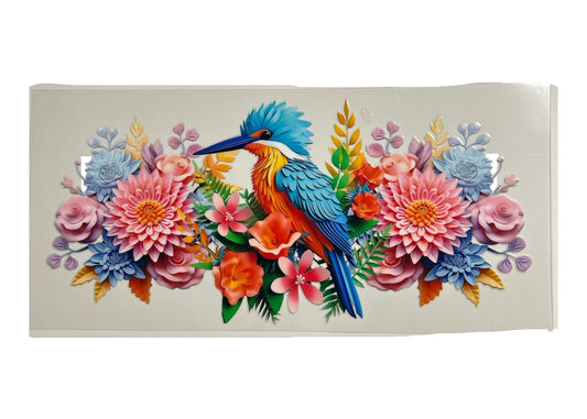 Colorful bird surrounded by flowers on a clear background