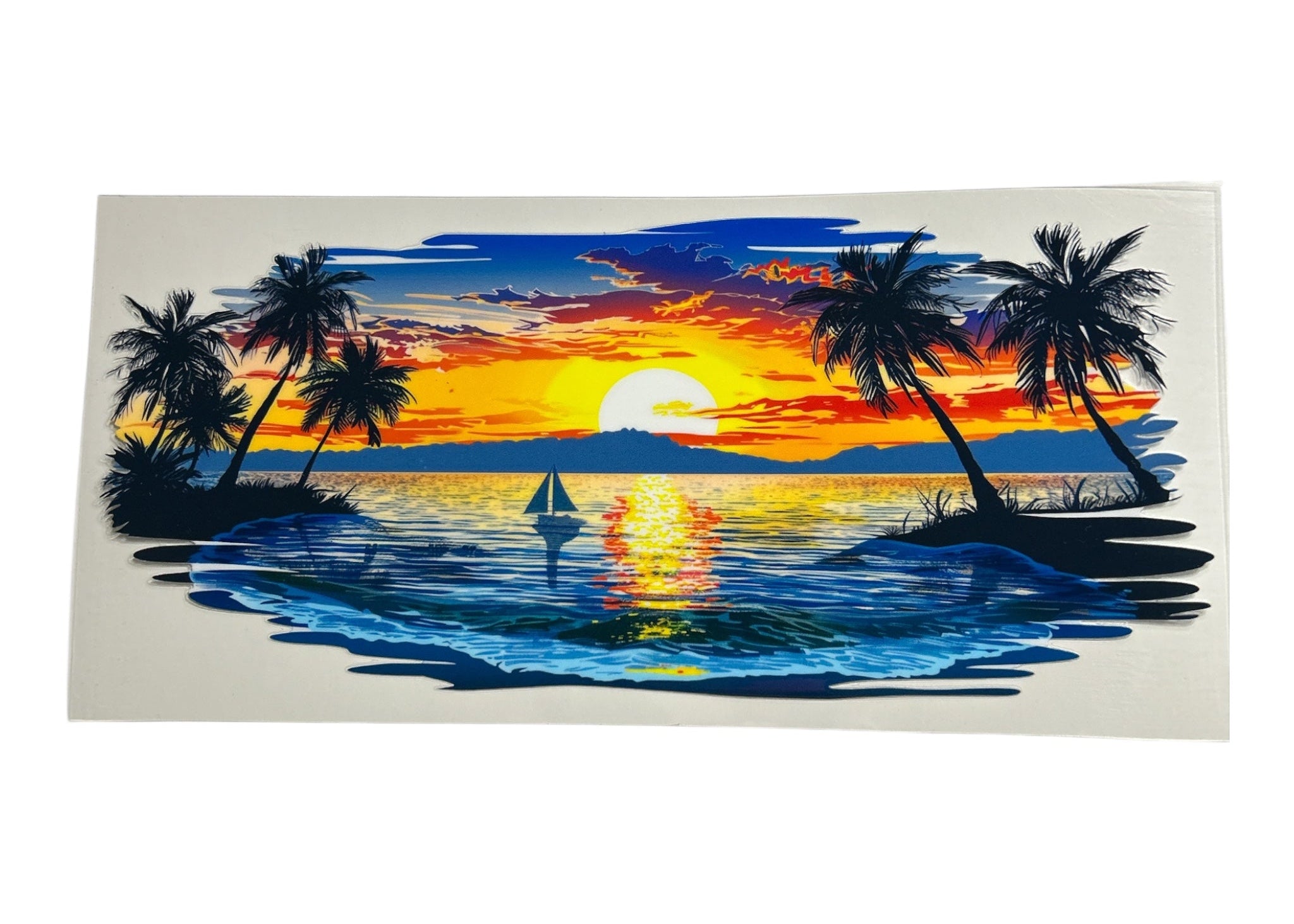 Surreal landscape with palm trees, sailboat, and colorful sunset on a clear background