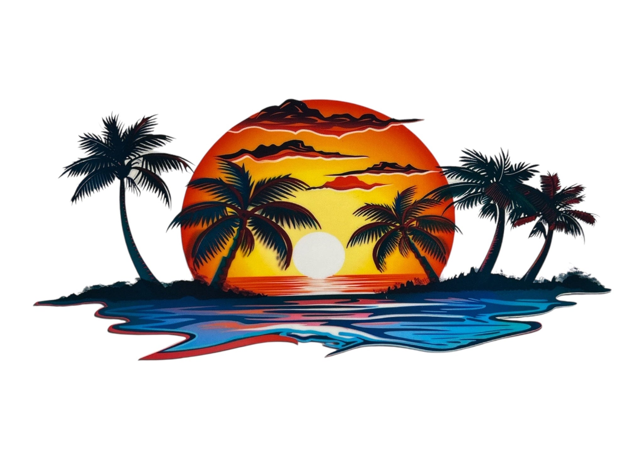 Tropical sunset scene with palm trees and a reflective water surface on a clear background