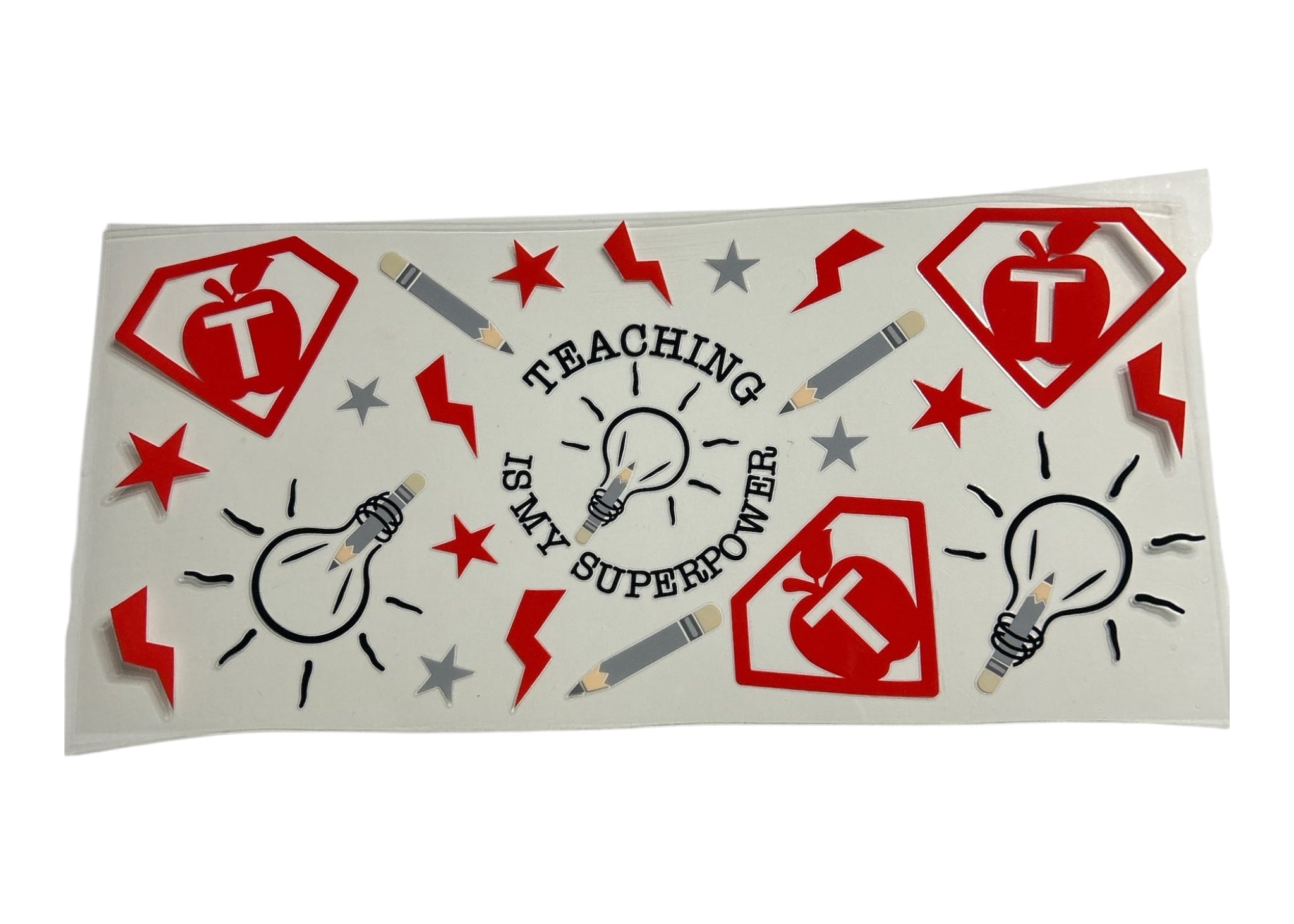 Sticker sheet with teaching-themed graphics and 'Teaching is my Superpower' text on a white background