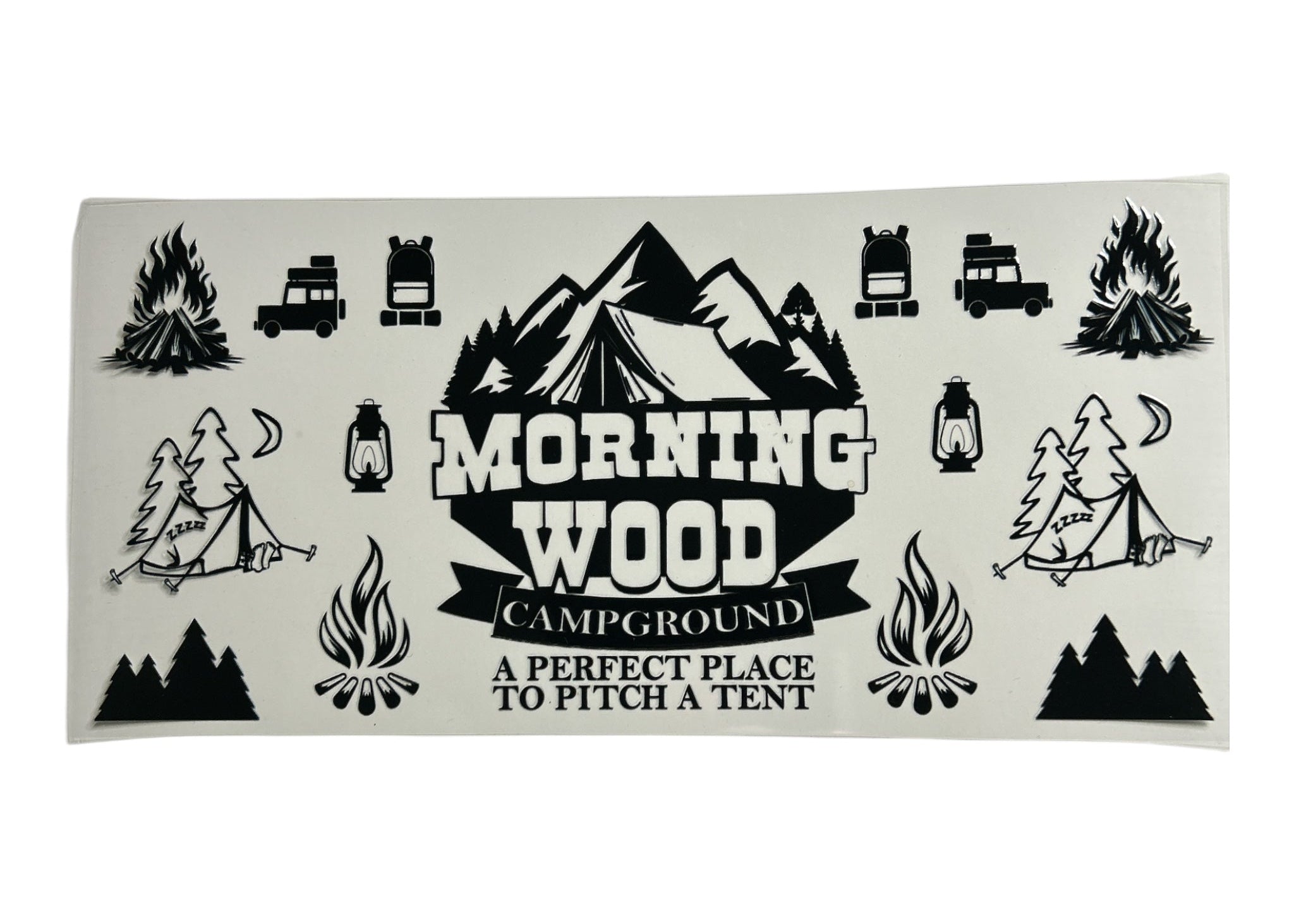 Sticker with camping-themed graphics and text on a white background