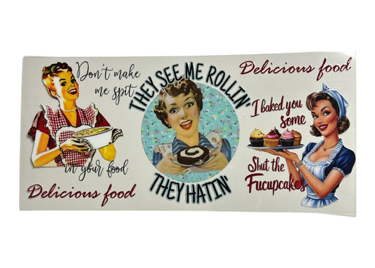 Vintage-style sign with retro illustrations of women and text on a white background