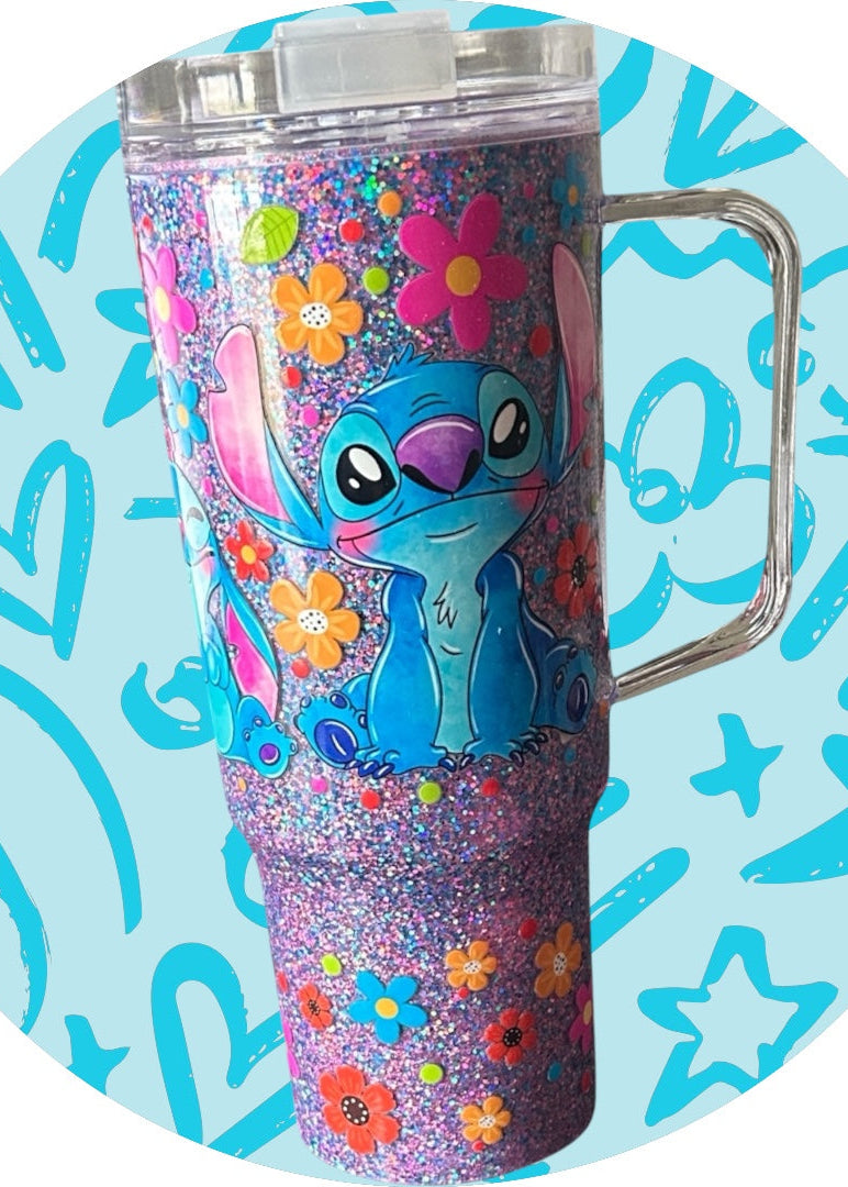 Glittery tumbler with cartoon character on a blue background