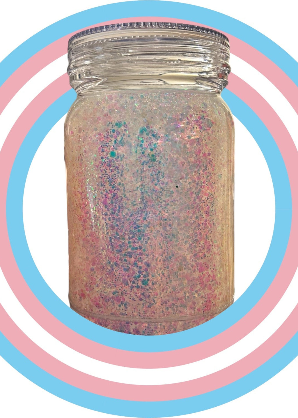Jar of glitter with a colorful pattern on a white background