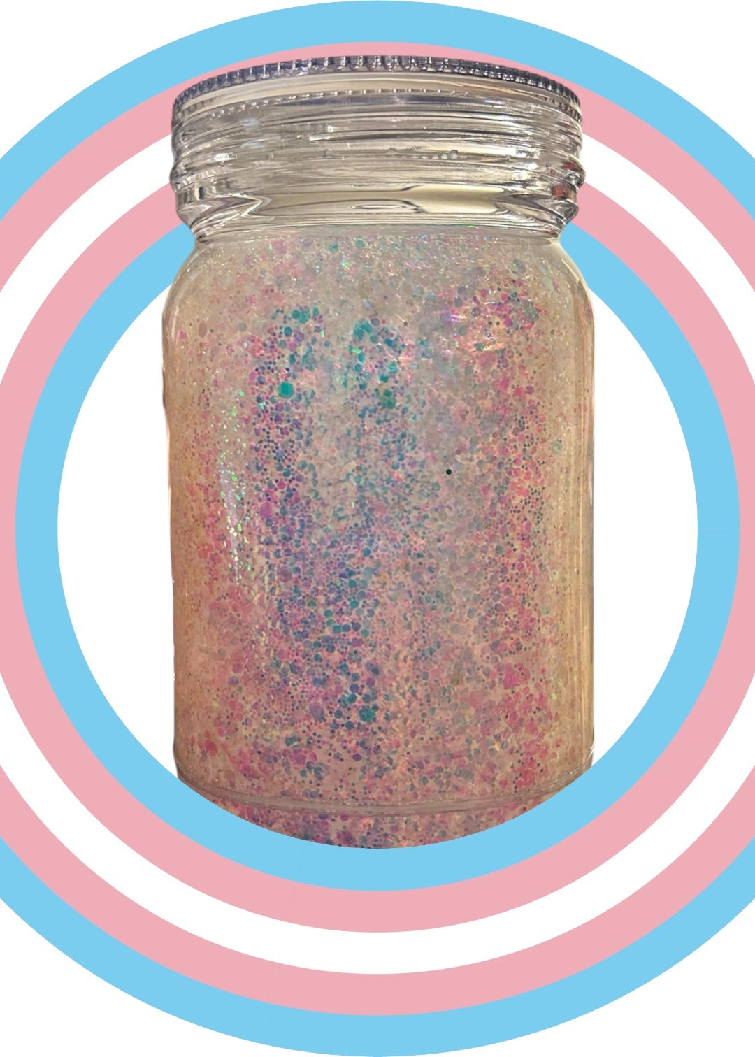 Jar of glitter with a colorful pattern on a white background