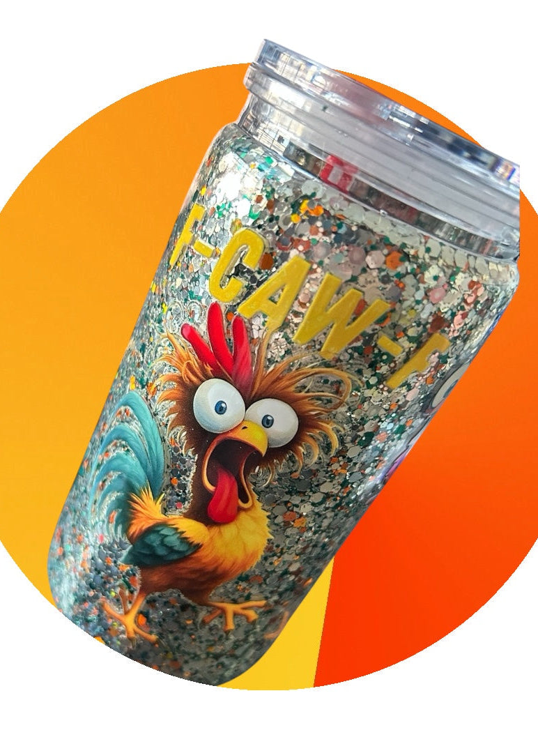 Tumbler with a rooster design and 'Caw!' text on an orange and yellow background
