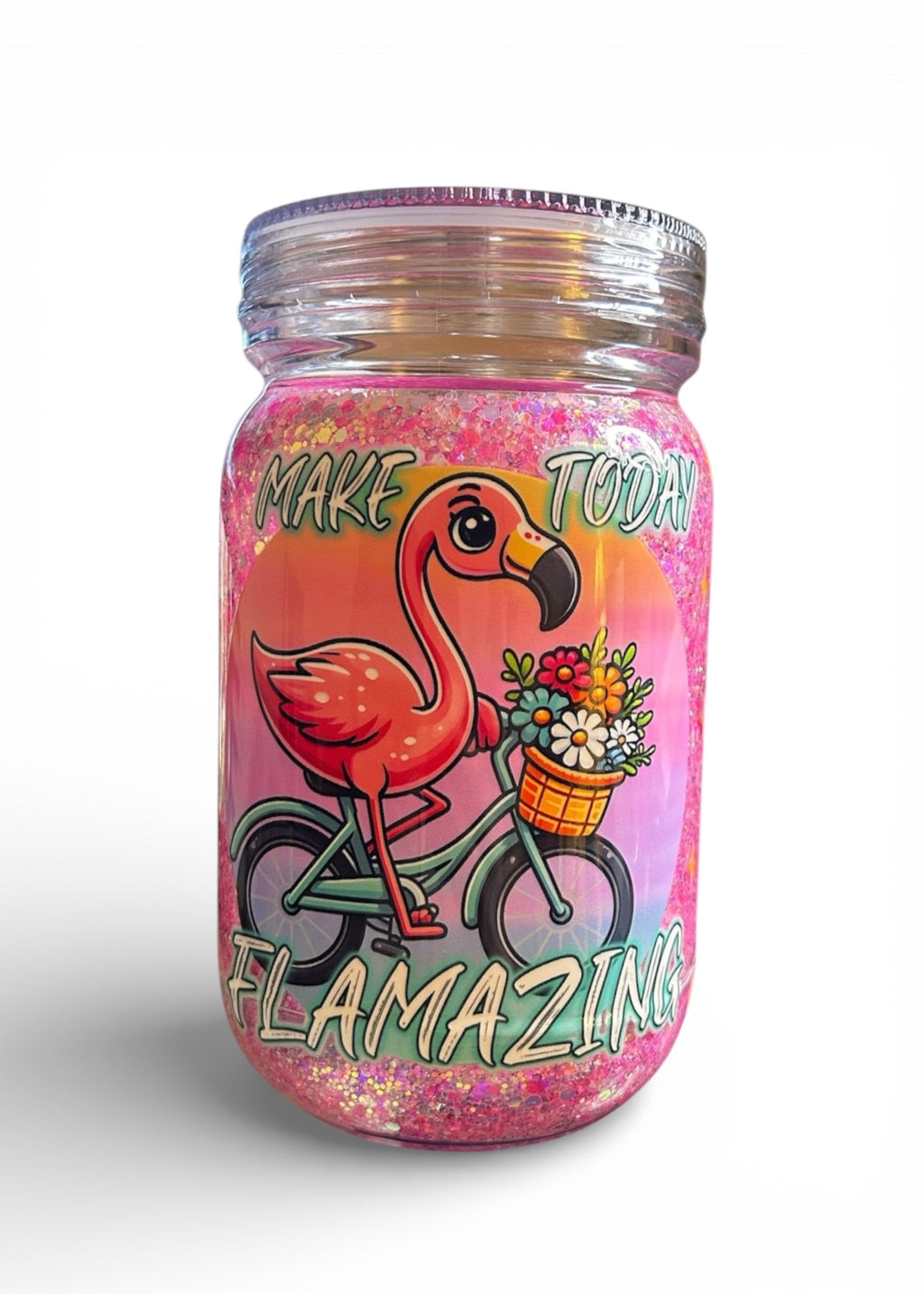 Jar with a flamingo design and text on a white background