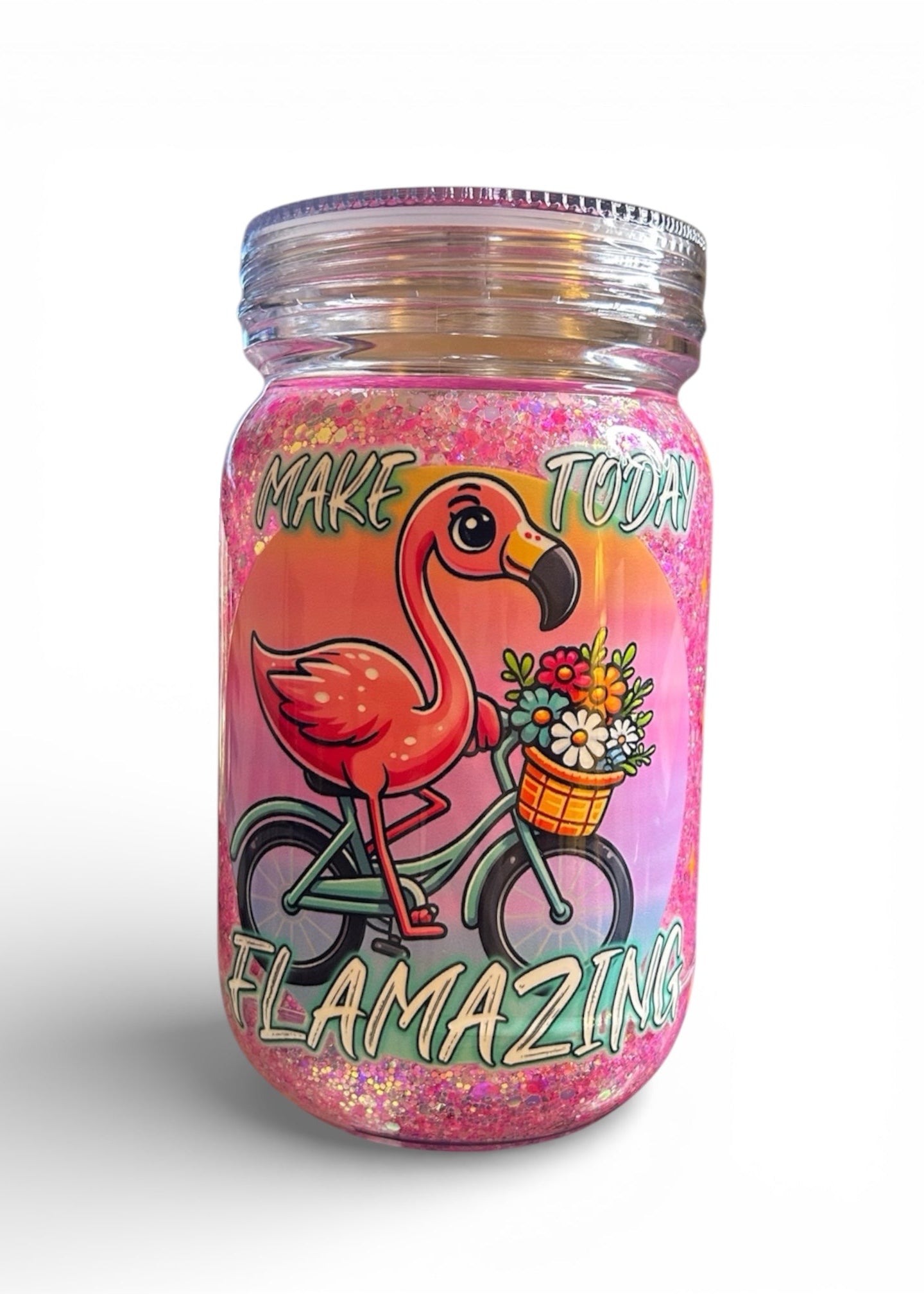 Jar with a flamingo design and text on a white background