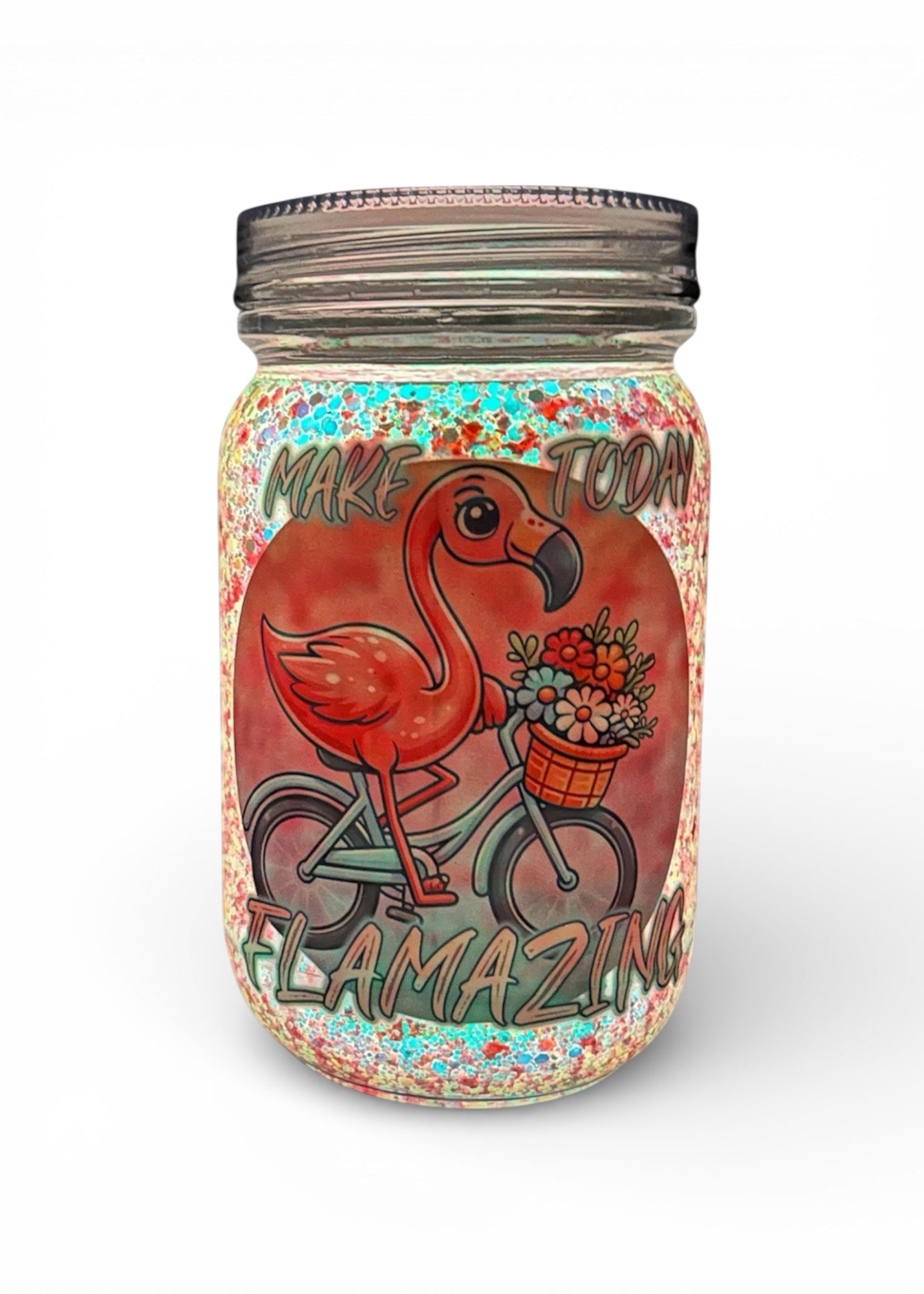 Decorative jar with a flamingo design and text on a white background