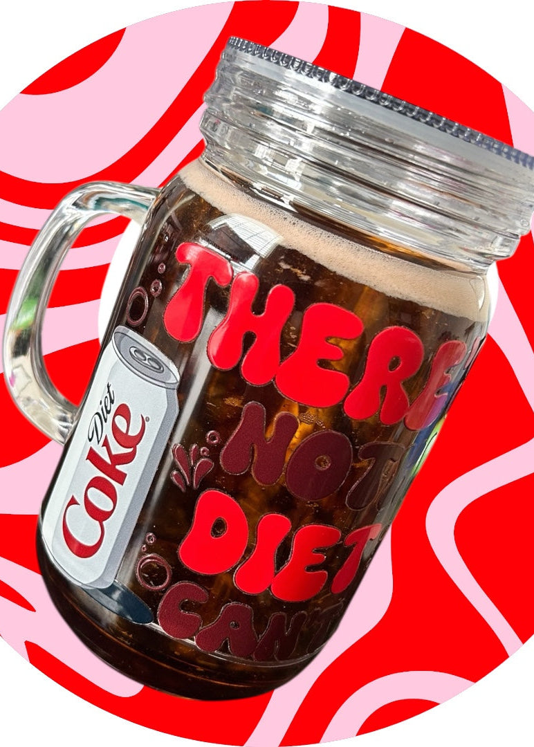 Mason jar with Diet Coke design on a red and pink striped background