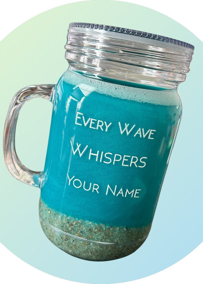 Turquoise mug with text 'Every Wave Whispers Your Name' on a light blue background