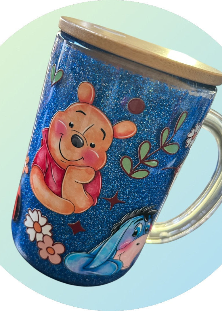 Tumbler with cartoon character design on a light blue background