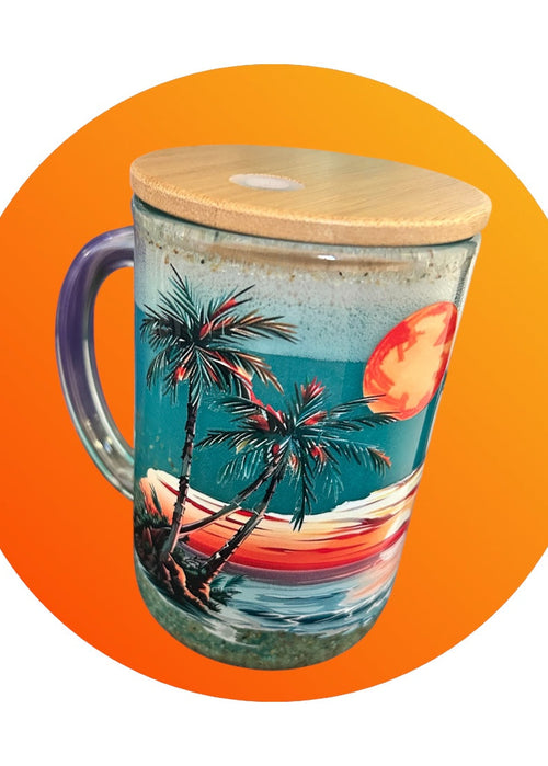 Glass mug with a wooden lid featuring a tropical design on an orange background