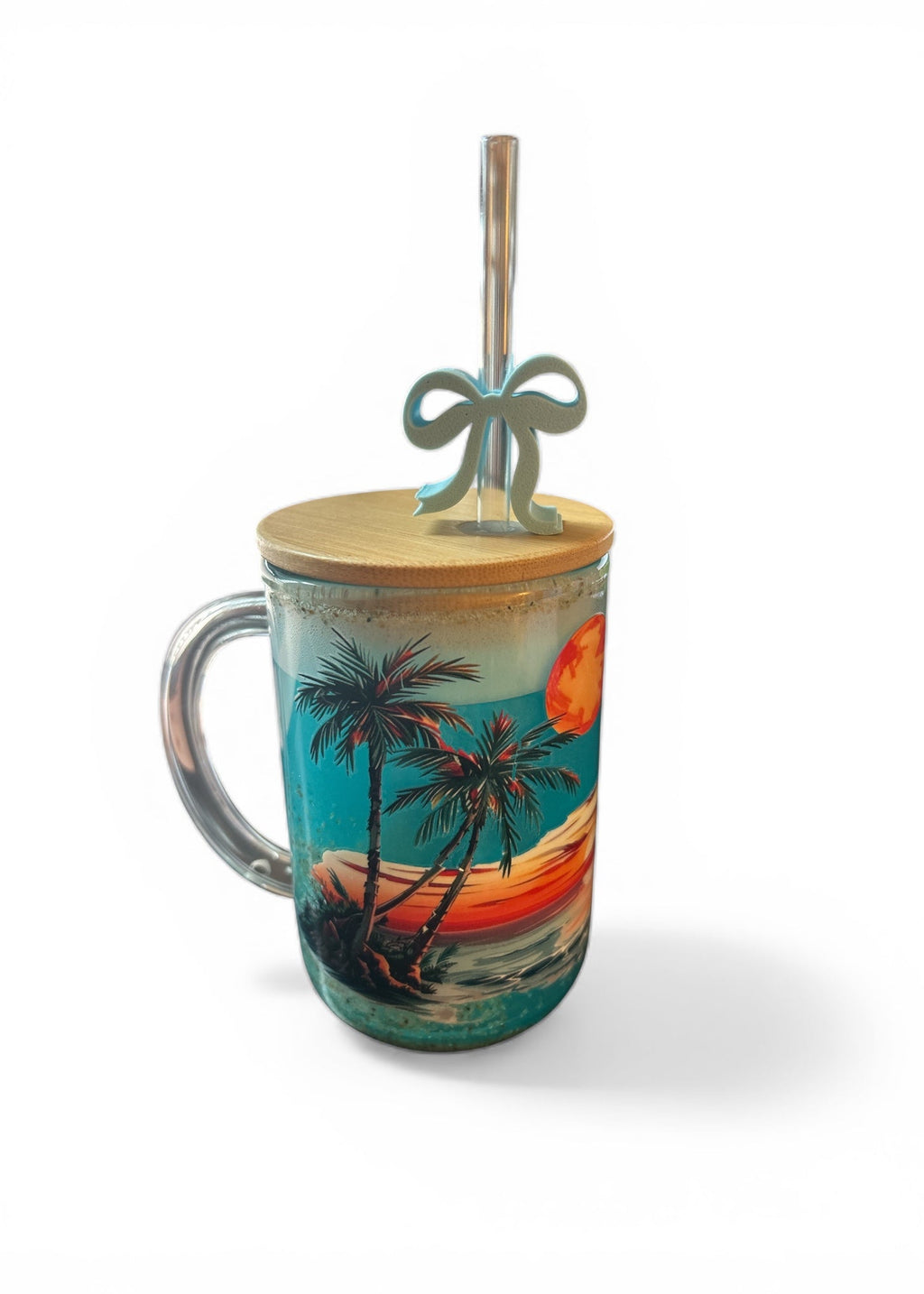 16oz tropical sunset double wall glass mug with beach sand and mica shimmer ocean filling, bamboo lid and straw