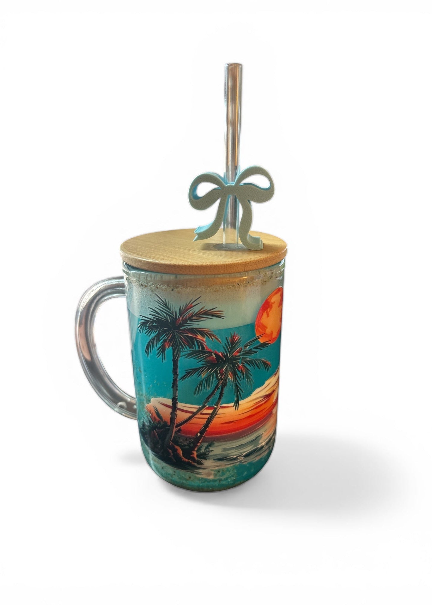 16oz tropical sunset double wall glass mug with beach sand and mica shimmer ocean filling, bamboo lid and straw
