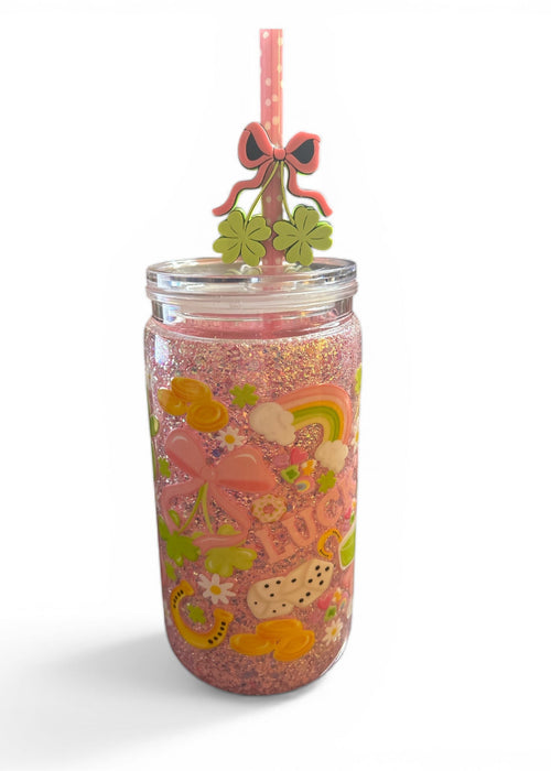 16oz pink glitter double wall acrylic tumbler with shamrocks, rainbow, lucky charm details and bow straw topper