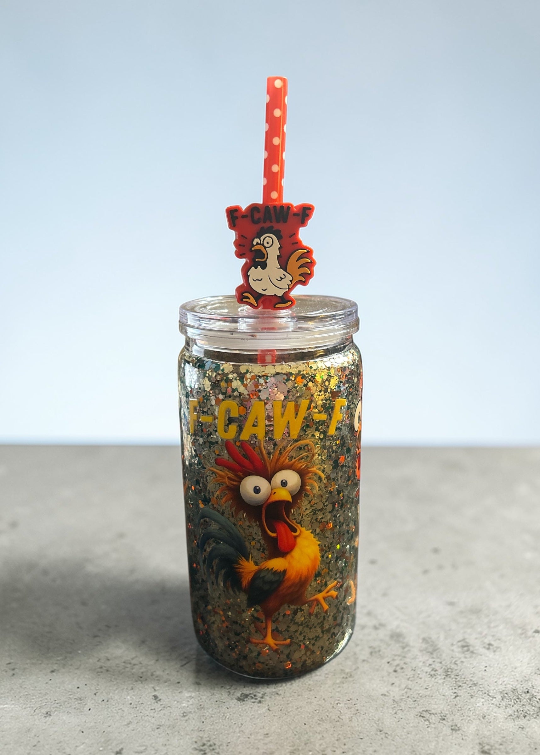 Funny farmhouse chicken glitter tumbler with rooster straw topper on neutral background
