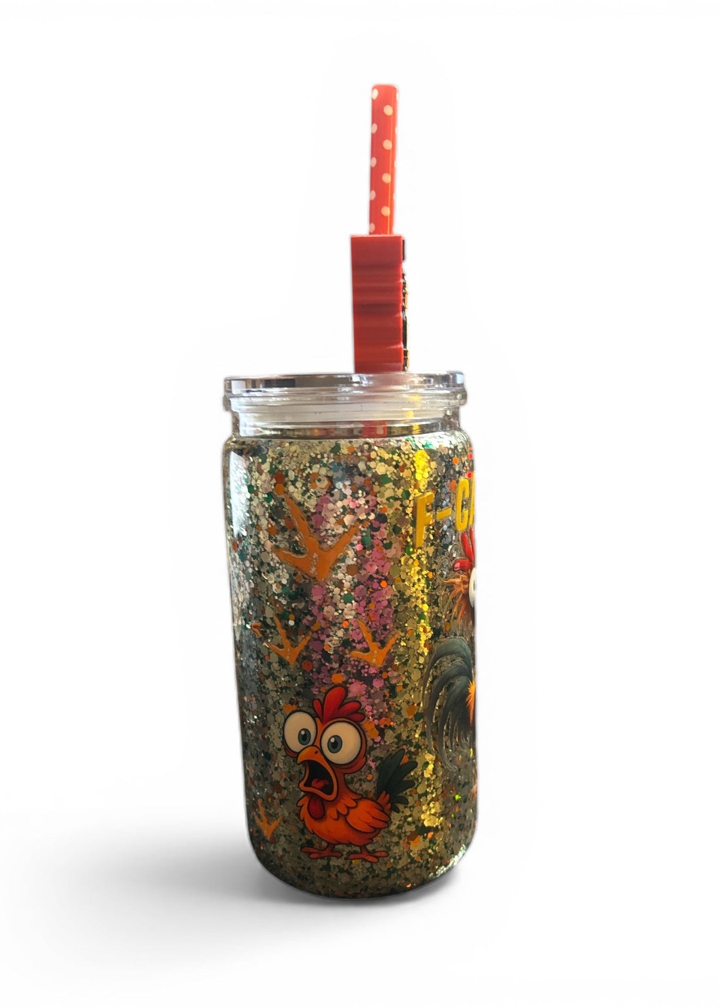 Side view of 16oz double wall acrylic chicken tumbler with chunky non-moving glitter fill