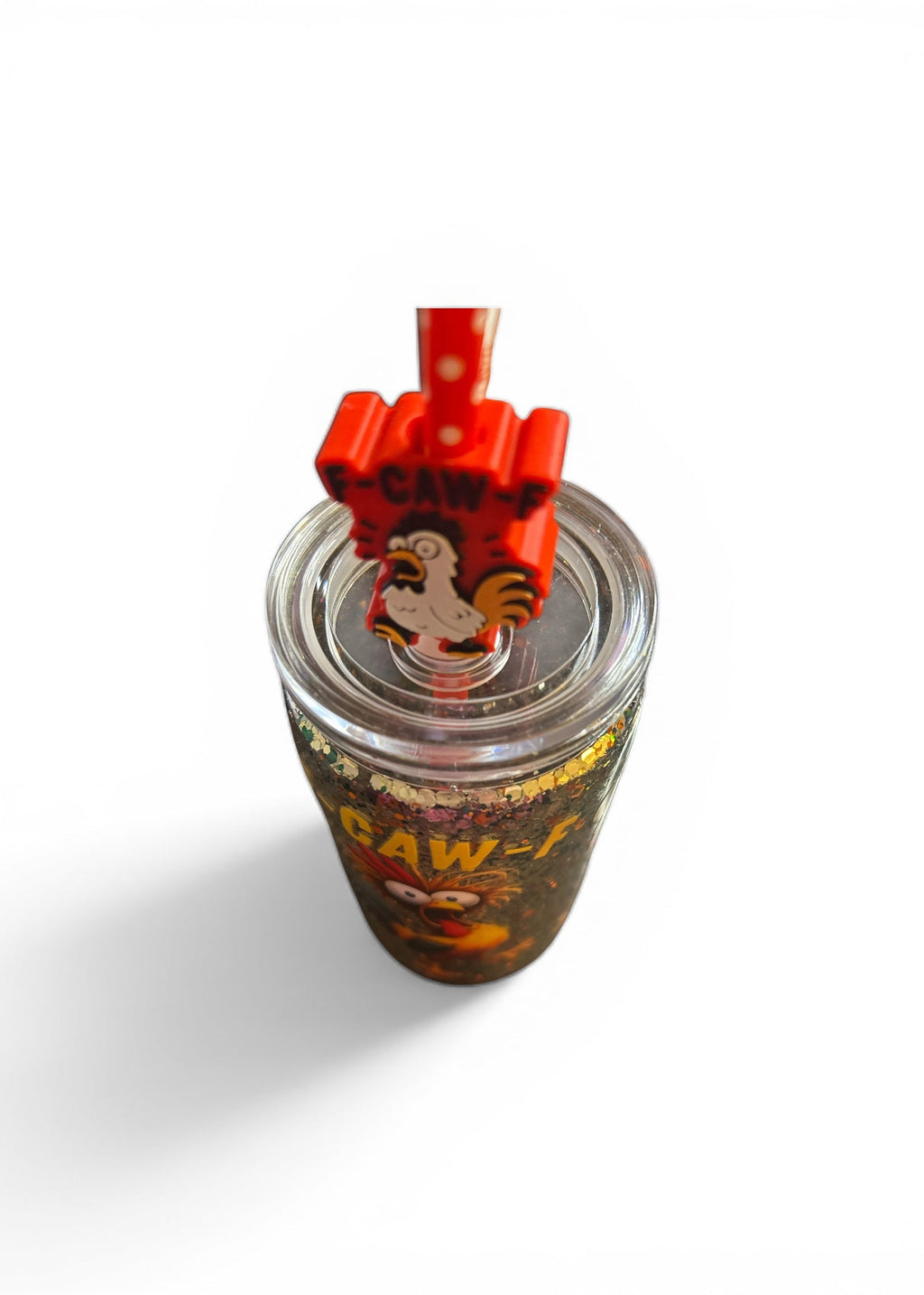 Top view of 16oz farmhouse rooster glitter tumbler with novelty chicken straw charm