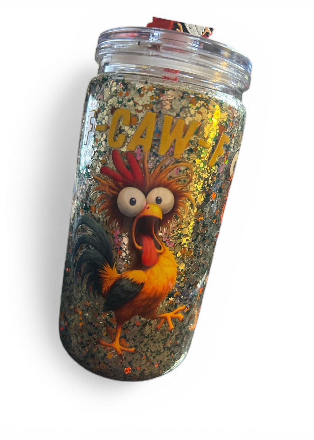 Tumbler with a rooster design and 'F-CAW!-F' text on a white background