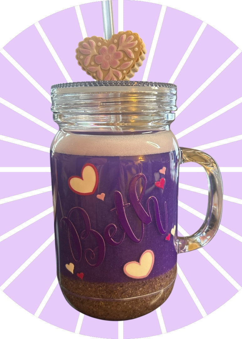 Mason jar with personalized design on a purple background