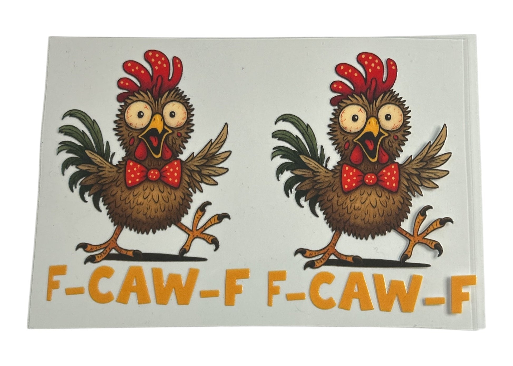 Two cartoon roosters with red crowns and bow ties on a white background with 'F-CAW-F' text.