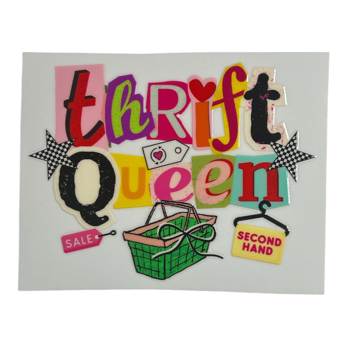Colorful sign with 'Thrift Queen' text and shopping basket graphic on a white background
