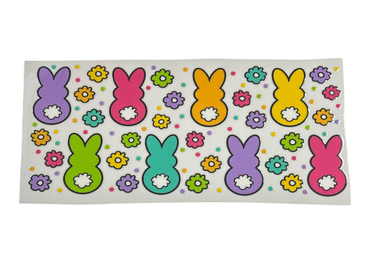 Colorful Easter bunny stickers with flowers on a white background