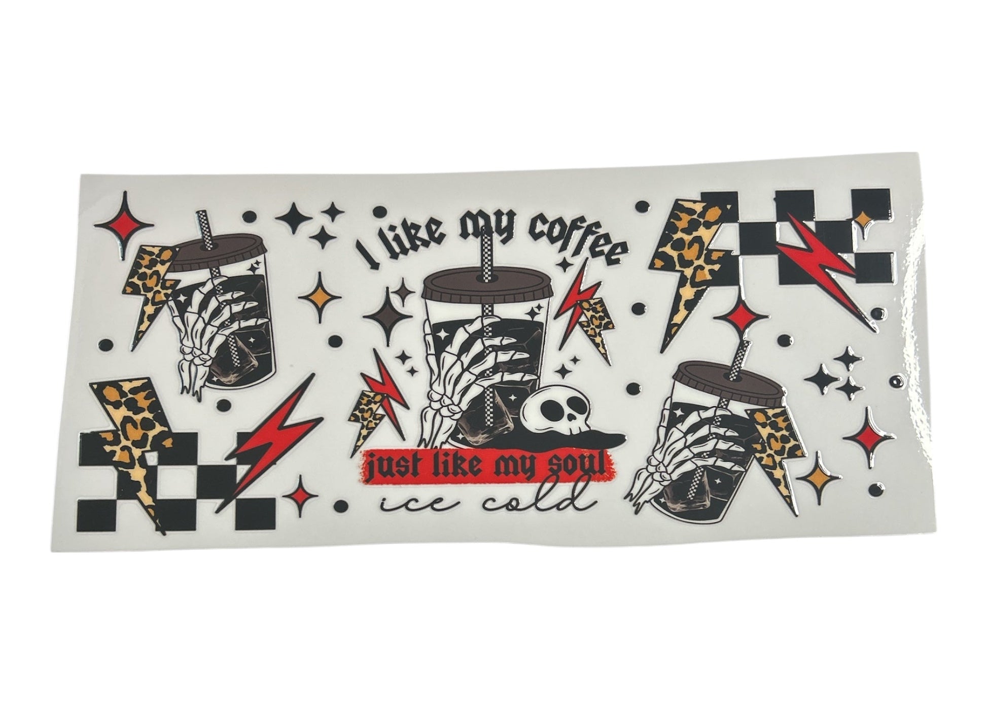 Sticker with coffee-themed design and text on a white background
