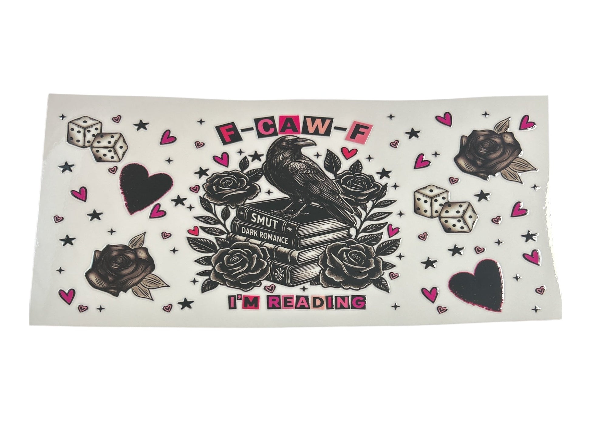 Sticker with literary design elements including a crow, books, roses, and text on a white background.